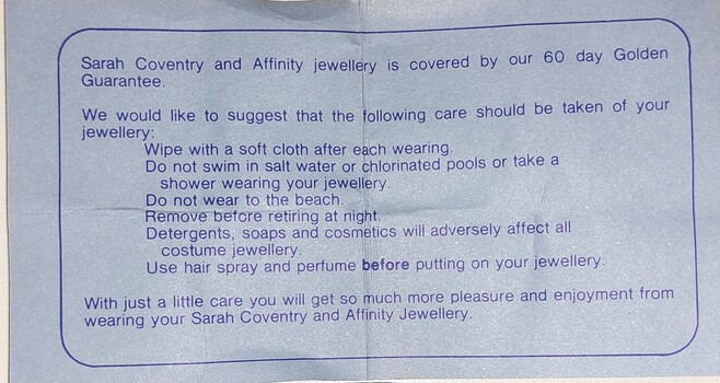 Inside of brochure giving detailed instructions for jewellery care