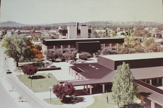 An aerial photo of the Civic Centre buildings with central carpark.