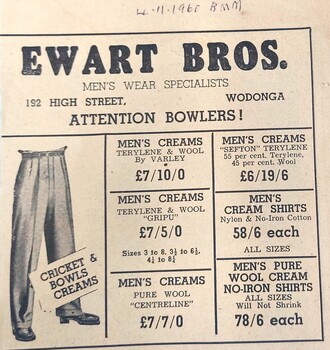 Advertsiement for Ewart Bros. from Border Morning Mail 1960