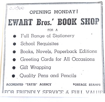 Advertisement for Ewart Bros. Book shop