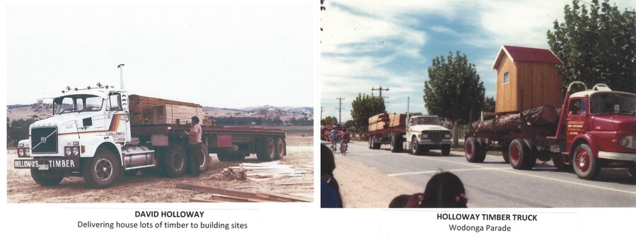 Images of some of Holloways trucks including those on the right in a street parade.