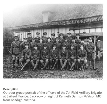 Lt Kenneth Darton with other Ifficers of the 7th Field Artillery Brigade at Bailleul, France.   