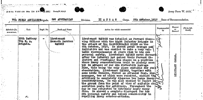 Citation for Military Cross - Kenneth Darnton Watson