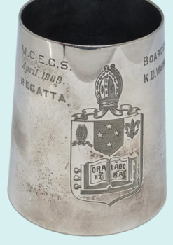 Silver mug - showing the shiel of Melbourne Church of England Grammar School