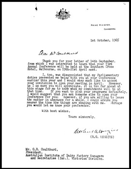 Robert G Menzies Letter to G.R. Coulthard  1 October 1965