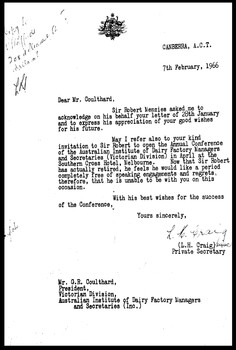 Robert G Menzies Private Secretary Letter to G.R. Coulthard  1966