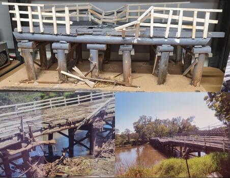 Model and photos of the bridge after 2022 floods