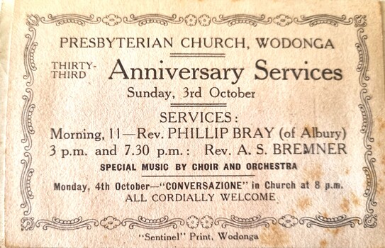 Anniversary Services, Presbyterian Church, Wodonga