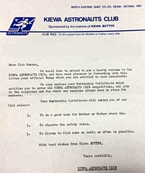 Kiewa Astronauts Club Welcome letter