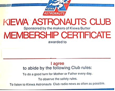 Kiewa Astronauts Club Membership Certificate