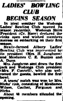 Ladies bowling club begin season Border Mail 9 November 1949