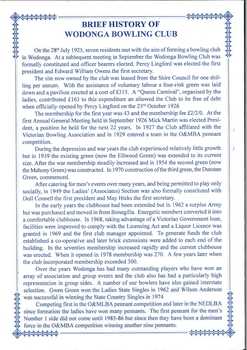 Brief History of Wodonga Bowling Club from 75th Anniversary Program