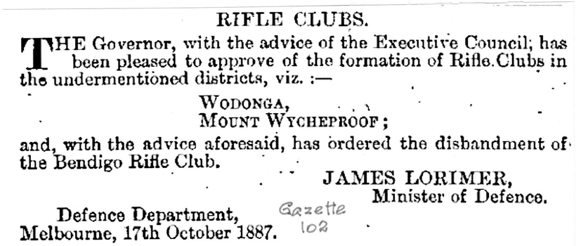 Gazette notice - Formation of Wodonga Club 1887