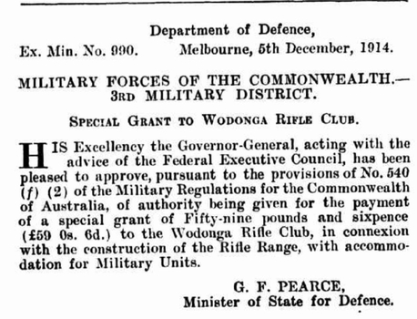 Special Grant  for Construction of Rifle Range 1914