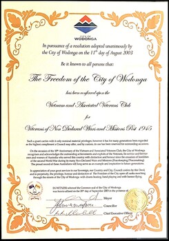 Certificate - Freedom of the City of Wodonga