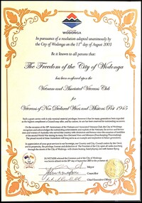 Certificate - Freedom of the City of Wodonga