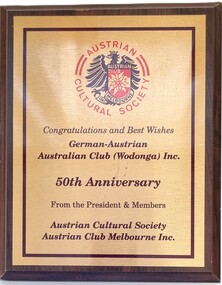Plaque 50th Anniversary German-Austrian Club