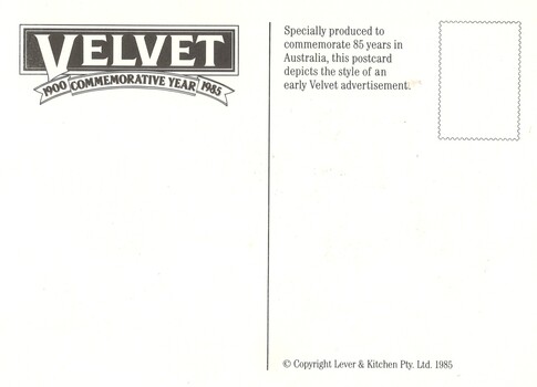 Velvet -reverse of postcard