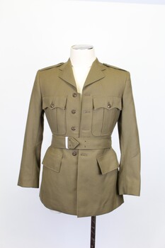 Jacket Service Dress Khaki circa 1968; Khaki coloured single breasted jacket fastened with four centre plastic buttons and a belt without brass buckle