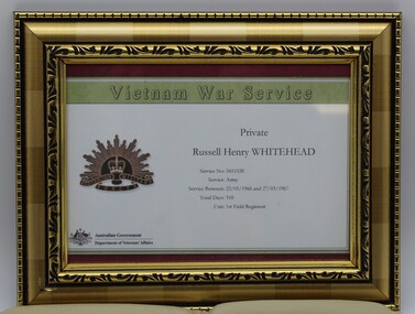 Certificate Vietnam War Service, Certificate of Vietnam War Service Private Russel H Whitehead