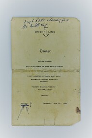 Orient Line Dinner Menu, Orient Line Dinner Menu Thursday, 18th July, 1940, 1940