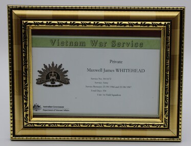 Certificate Framed, Vietnam War Service