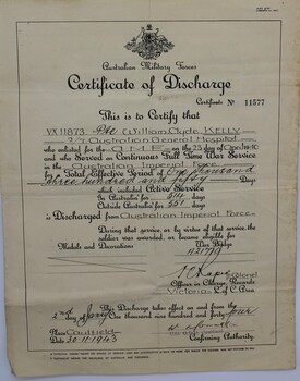 Certificate of Discharge for Private William Clyde Kelly VX 11873