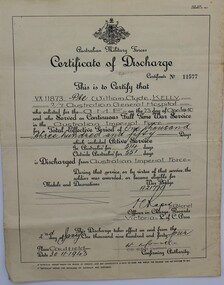 Certificate of Discharge for Private William Clyde Kelly VX 11873