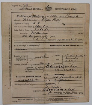 Certificate of Discharge WWI War Service; 4521 Pte William Clyde Kelly