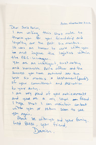 Two letters, one in Arabic and the second translated into English. Arabic letter is photocopied; English letter is written in blue pen. 
