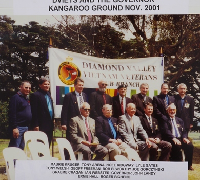 Colour photograph of Sub Branch members with Victoria Governor, Kangaroo Ground, 2001.