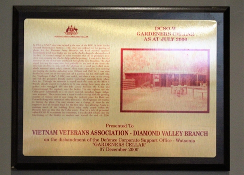 Plaque describing the origins and history of the Gardeners Cellar, Simpson Barracks.