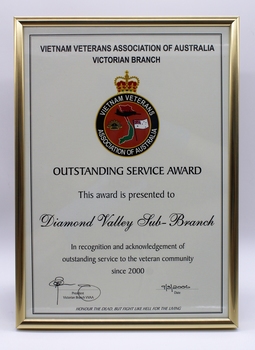 Gold framed Certificate in portrait mode of certificate to sub branch from Vietnam Veterans Association (Vic).