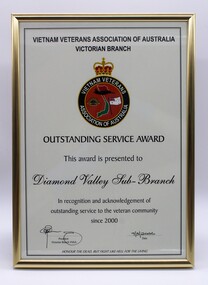 Gold framed Certificate in portrait mode of certificate to sub branch from Vietnam Veterans Association (Vic).