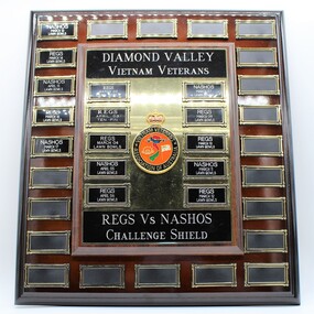 Rectangular, in portrait configuration with small metal shields engraved with winners name, prominent VVAA logo in centre of item.