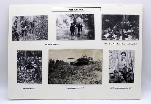Five monochrome photographs of soldiers on patrol including tank support and ARVN soldier.