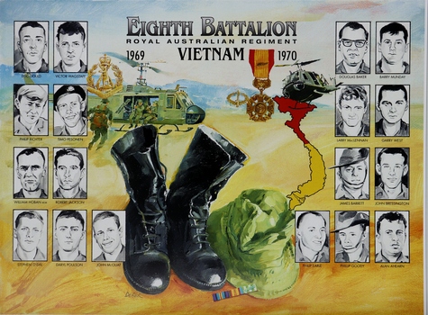 Rectangular coloured drawing of Australian Troops of 8RAR, Killed In Action in Vietnam 1969 - 1970..