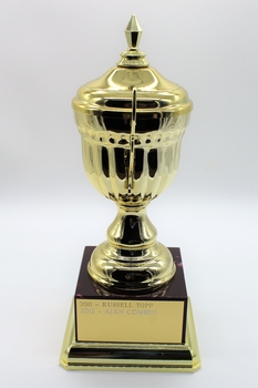 Trophy gold in color sitting on dark colored plastic stand.