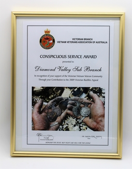 Certificate in gold frame from VVAA (Vic) to DViets.