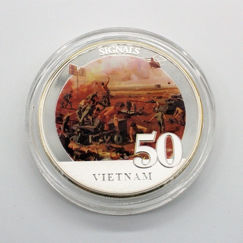 Certified Medallion in case commemorating 50th Anniversary of Battle of Long Tan; headed 'Signals'.