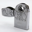 Period cigarette lighter; engraving of girl and bird on one side with engraving of text on the other side.