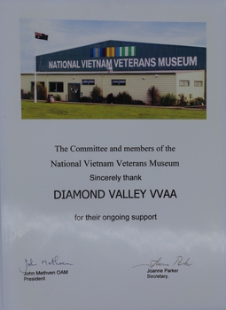White certificate in portrait format of appreciation from National Veterans Museum to the members of Diamond Valley Vietnam Veterans Sub Branch for ongoing support.