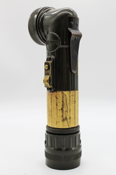 Army issued battery powered torch; olive drab in colour with beacon at right-angle to trunk.
