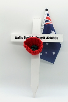 White Commemorative Cross, with red poppy and miniture Australian flag.