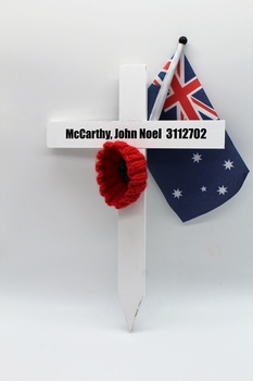 White Commemorative Cross, with red poppy and miniture Australian Flag.