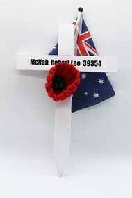 White Commemorative Cross, with red poppy and miniture Australian flag.