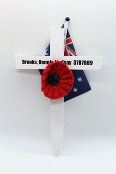 White Commemorative Cross, with red poppy and miniture Australian flag.