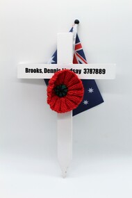 White Commemorative Cross, with red poppy and miniture Australian flag.