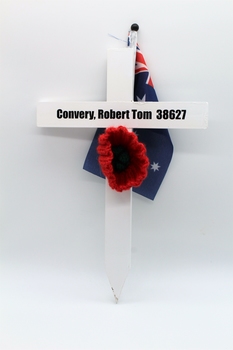 White Commemorative Cross, with red poppy and miniture Australian flag.