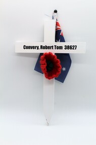 White Commemorative Cross, with red poppy and miniture Australian flag.